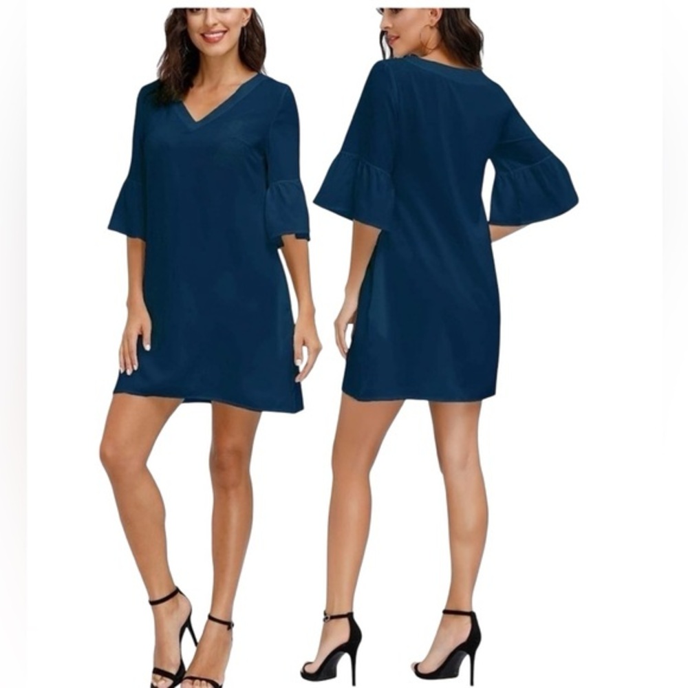 Navy Blue Elbow Bell Flare Sleeve Mini Dress Size 16 XXL